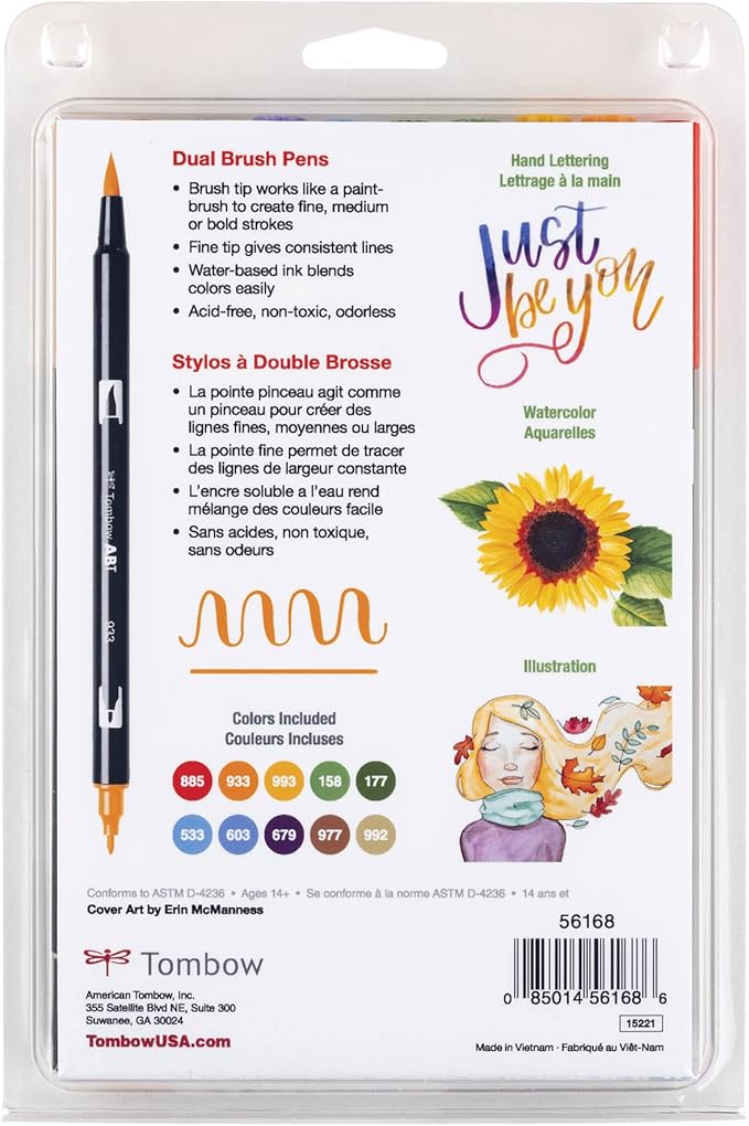 Tombow 56168 Dual Brush Pen Art Markers, Secondary, 10-Pack. Blendable, Brush and Fine Tip Markers