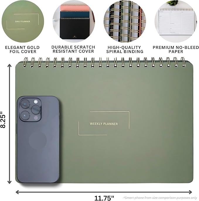 Undated Weekly Planner | 8.25” x 11.75” Work To-Do Notebook | ADHD Academic Organizer | Multi-Layout | Men and Women Planner | College Supplies | Evergreen | Landscape Layout