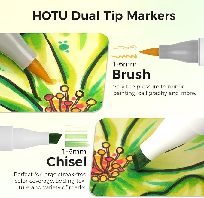 Alcohol Markers Brush Tip-120 Colors Dual Tip Brush & Chisel Art Marker Set for Artist Coloring Illustration with Line Art for Coloring, Colorless Blender, Swatch Card, Anti-bleed Pad