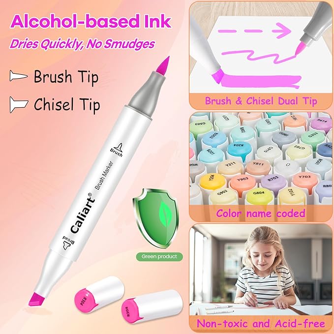 Caliart 18 Colors Brush & Chisel Permanent Alcohol Markers, Dual Tip Artist Sketch Art Markers Set for Adult Coloring Book, Aesthetic Cute School Supplies, Pens for Drawing Coloring Illustrations