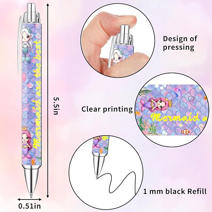 Mermaid Pens for Girls β Cute Mermaid-Themed Ballpoint Pen Set for Kids, Teens, and Ocean Lovers β Fun Stationery Gift for School, Journaling, Drawing, or Writing β 8 Colorful Pens with Smooth Ink