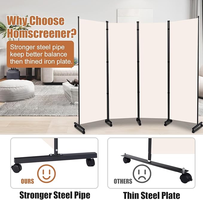 Room Divider Portable 88'' Partition Room Dividers and Folding Privacy Screens 4 Panel Wall Divider for Room Separation,Freestanding Fabric Room Divider Panel with Wheels for Home Office Hospital