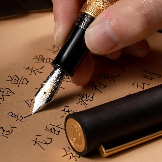 Hongdian N24 Fountain Pen Extra Fine Nib, Golden Dragon Stereoscopic Carving with Red Wood Design