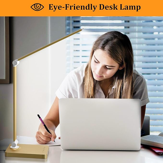 LED Desk Lamp with USB Ports,Touch Desk Lamps for Home Office with 5 Color Modes,3 Brightness Desk Light with Small Night Light,Reading Lamp Table Lamp for Bedroom Bedside Study Gold (with adapter)