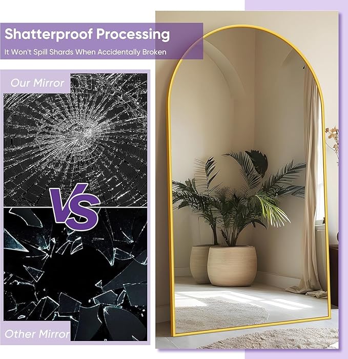 Full Length Mirror, 91"x46" Oversized Floor Mirror Freestanding, Full Body Mirror Floor Standing Mirrors with Stand, Hanging Mounted Mirrors for Bedroom Living Room, Gold, Arched Style