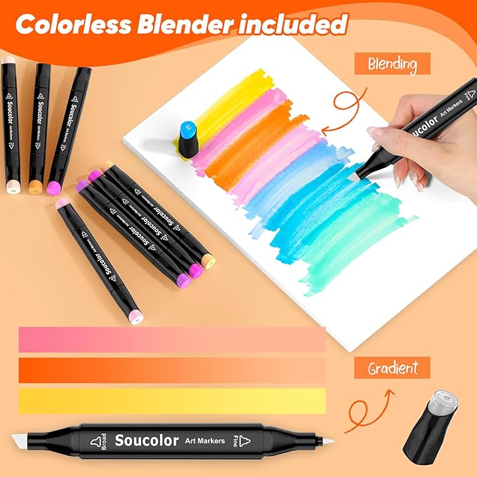 Soucolor Art Supplies for Kids Adult, Artist Art Set Kits, 120 Colors Numbered Dual Tip (Fine & Chisel) Alcohol Markers +1 Colorless Blender for Teen Boys Girls Gifts Trendy Stuff, Birthday Gift Case