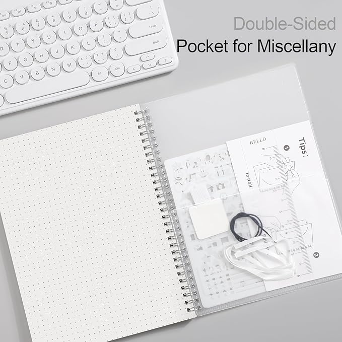 AHGXG Bullet Dotted Journal - Dot Grid Spiral Notebook 8.5" x 11", A4 Large Dotted Notebook, 100 GSM Thick Paper, Waterproof Plastic Cover Journals for Bullet Journaling, Sketching, Transparent