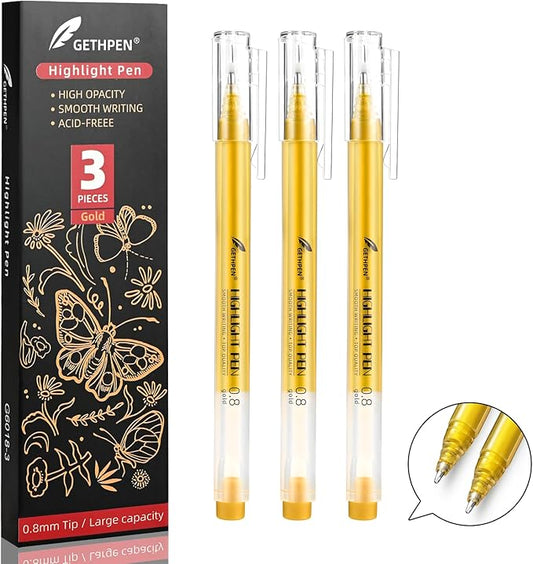 0.8mm Gold Gel Pens 3-Pack β Extra Fine Point Opaque Ink for Black Paper Drawing, Sketching, Bullet Journaling & Holiday Card Design