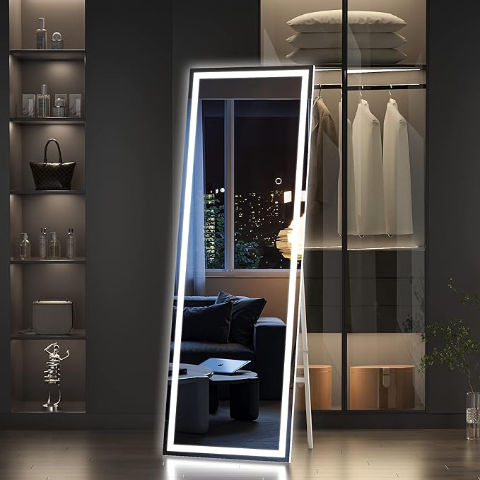 Hasipu Full Length Mirror with Lights, 65" x 20" LED Floor Mirror, Full Body Dressing Standing, Hanging Mounted Mirror for Living Room Bedroom Cloakroom, Square White