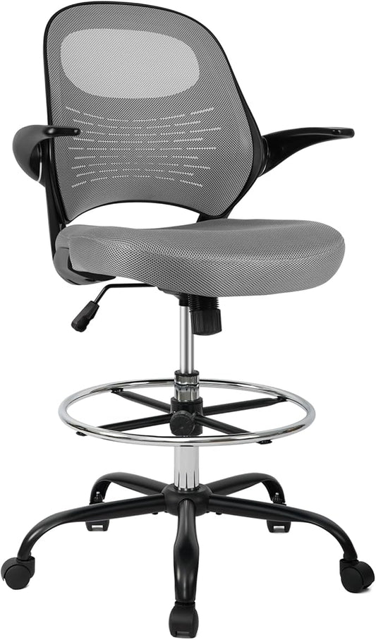 HYLONE Tall Drafting Chair Standing Desk Chair with Flip-Up Armrests, Adjustable Height Ergonomic Office Chair with Footrest Ring - High Stool Chair for Standing Desk(Grey)