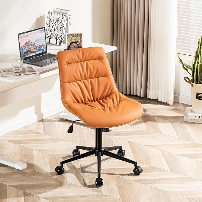 Kidol & Shellder Faux Leather Office Chair, Adjustable Swivel Height Task Chair, Rolling Wheels & Soft Backrest - Armless Ergonomic Desk Chair for Home, Office,Vanity,Gaming(Orange)