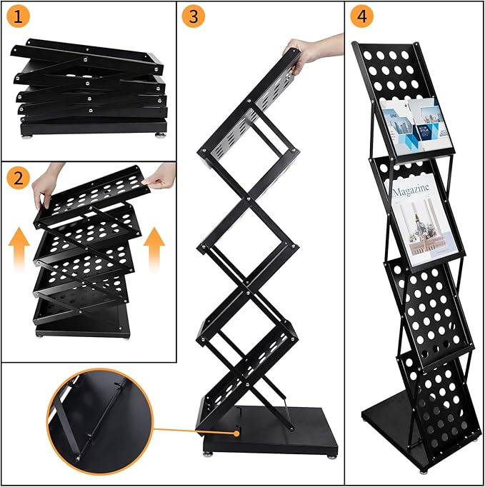 4 Pockets Folding Magazine Rack,Floor Metal Black Literature Rack with Case Brochure Stand Literature Stand Catalog Holder Stand Flyer Display Stand for Trade Show Exhibition Office Retail