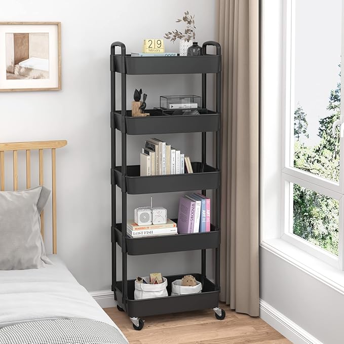 Sywhitta 5-Tier Plastic Rolling Utility Cart with Handle, Multi-Functional Storage Trolley for Office, Living Room, Kitchen, Movable Storage Organizer with Wheels, Black