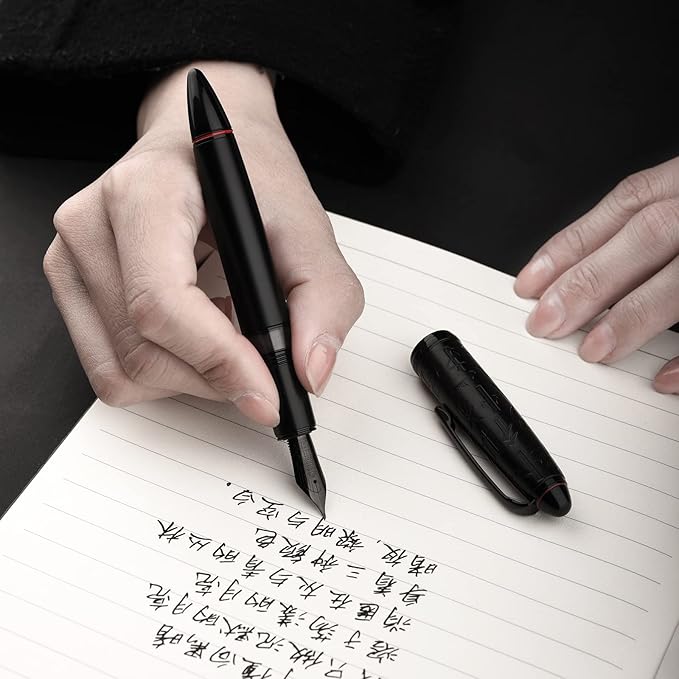 Hongdian N6 Black Metal Resin Piston Fountain Pen, Black Iridium Fine Nib Classic Pen, Includes Metal Box Writing Pen
