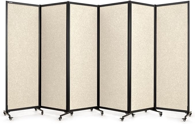 Upgrade Version Room Partition and Divider, Freestanding Rolling Dividers with Wheels,Office Privacy Screen Divider Wall,Classroom Felt Dividers,12'2"L* 6'7"H,6 Panel,Beige