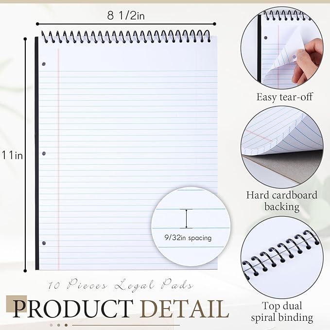 10 Packs 8.5" x 11" Top Spiral Notebook with 3 Hole Punched Legal Pads College Ruled Notepad 50 Sheets Hard Cardboard Paper Wirebound Notepad for Office School Business (White)