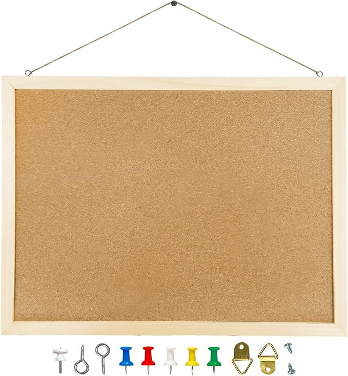 GDMINLO Cork Board Bulletin Board, 15.7"X 11.81" pin Boards for Walls, Oak Wood Finish Frame, Wall Mounted Cork Board for Office Home and School(Pins, Eye Bolts, gaskets, Screws)