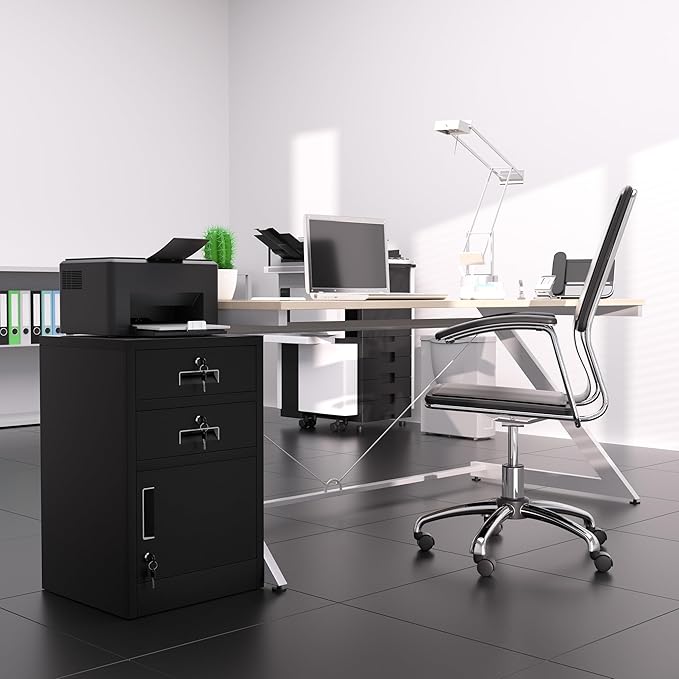 Metal Storage Cabinet with Locking Door and 2 Lockable Drawers for Home Office Bedroom Living Room (Black)