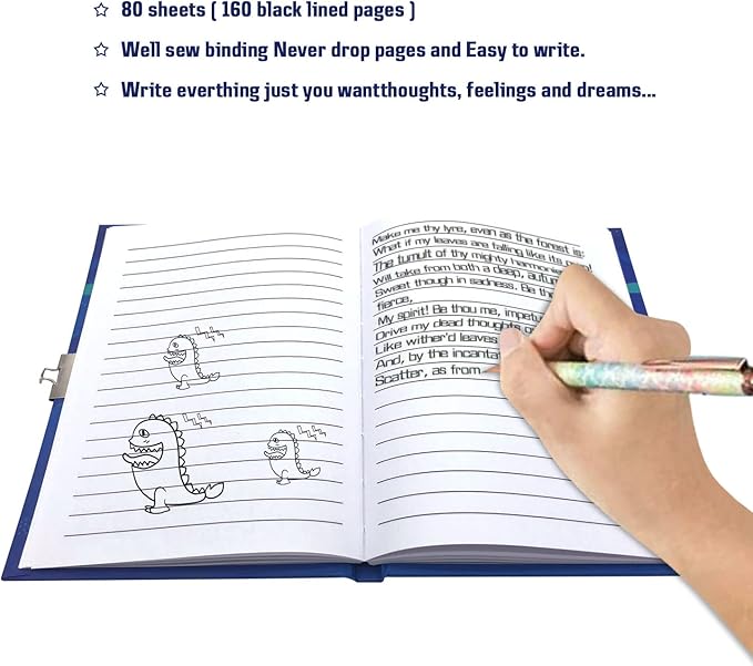 Boys Diary with Lock for Kids, 7x5.25 Inches 160 Lined Pages Secret Blue Dinosaur Notebook for Kids Journal with Lock for Boys Pre School Writing Drawing Cute Kids Gifts for Birthday