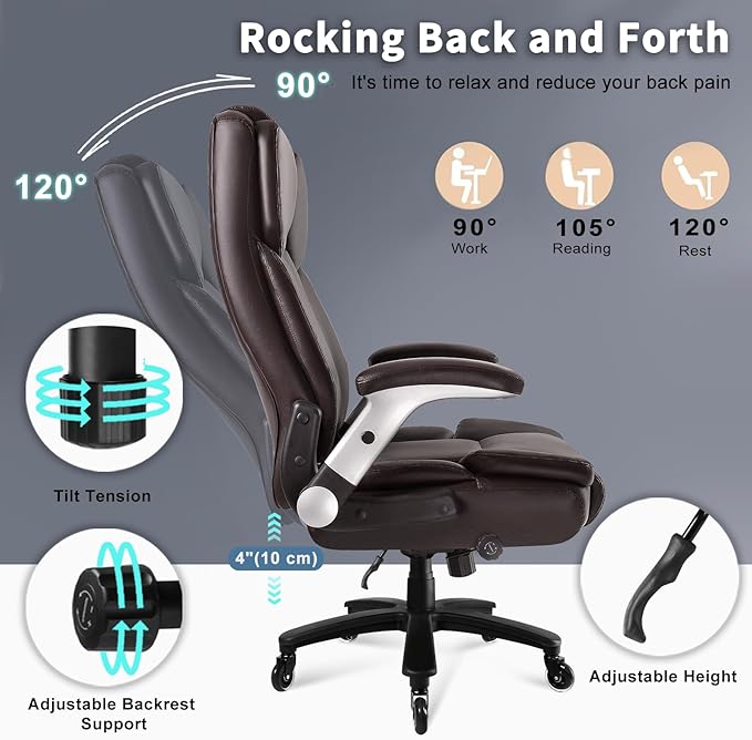 Big and Tall Office Chair 600lbs, Heavy Duty Executive Office Chair for Heavy People, Brown High Back Office Leather Ergonomic Chair with Adjustable Armrests and Lumbar Support for Computer Desk Chair