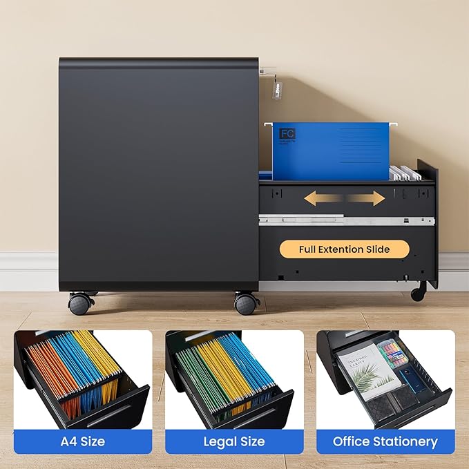 MIIIKO Mobile Filing Cabinet 3 Drawer, Rolling Small File Cabinet with Keys Under Desk, Modern Black Filing Cabinets for Home Office with Anti-tilt Wheels, A4/Letter/Legal Hanging File Drawers