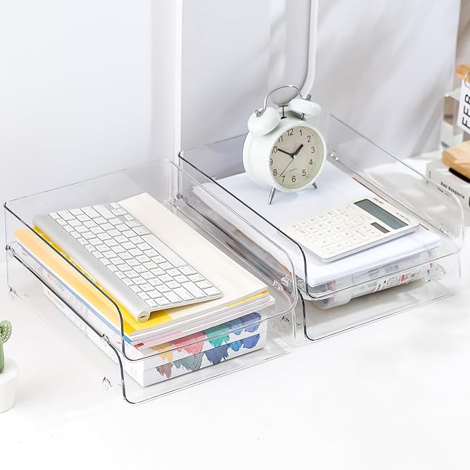 Gagee 2 Pack Paper Organizer for Desk,Clear Stackable Paper Sray, Office Desk Organizer for Notes, Pens, File, Document, Paper Holder 