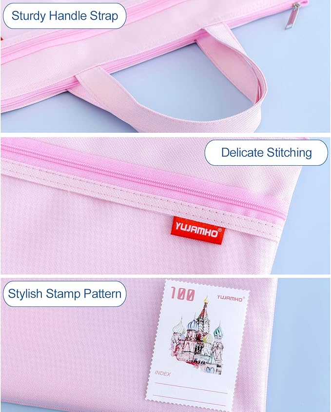 pendancy Mesh Zipper Pouch 11x13.7 in, Large Double Pocket Waterproof File Bag with Handle, A4 Size Foldable Document Storage for Puzzle Project/Cross Stitch/Travel/Office(Pink)