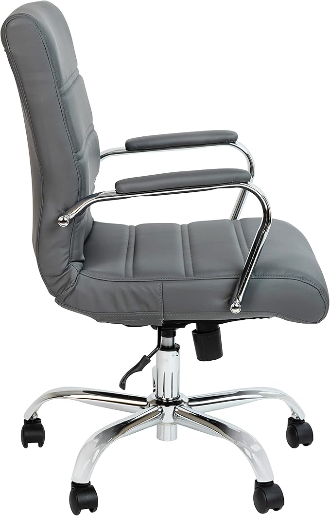 Flash Furniture Whitney Mid-Back Swivel LeatherSoft Desk Chair with Padded Seat and Armrests, Adjustable Height Padded Office Chair, Gray/Chrome