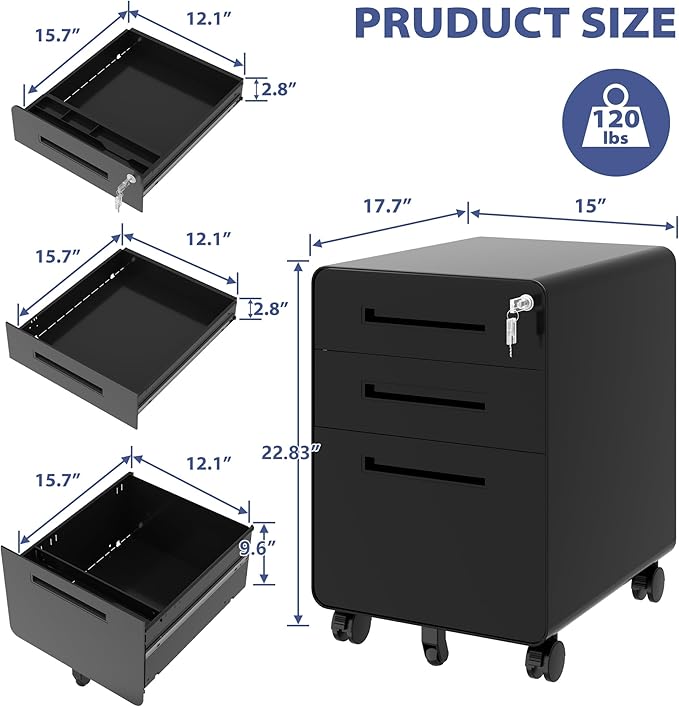 Rolling File Cabinet with Lock, 3 Drawer Metal Mobile Filing Cabinet Office Under Desk for Legal/Letter Size, Fully Assembled Except Casters