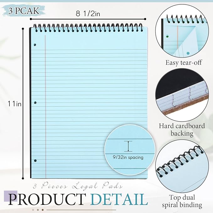 3 Packs 8.5" x 11" Top Spiral Notebook with 3 Hole Punched Legal Pads College Ruled Notepad 50 Sheets Hard Cardboard Paper Wirebound Notepad for Office School Business (Blue)
