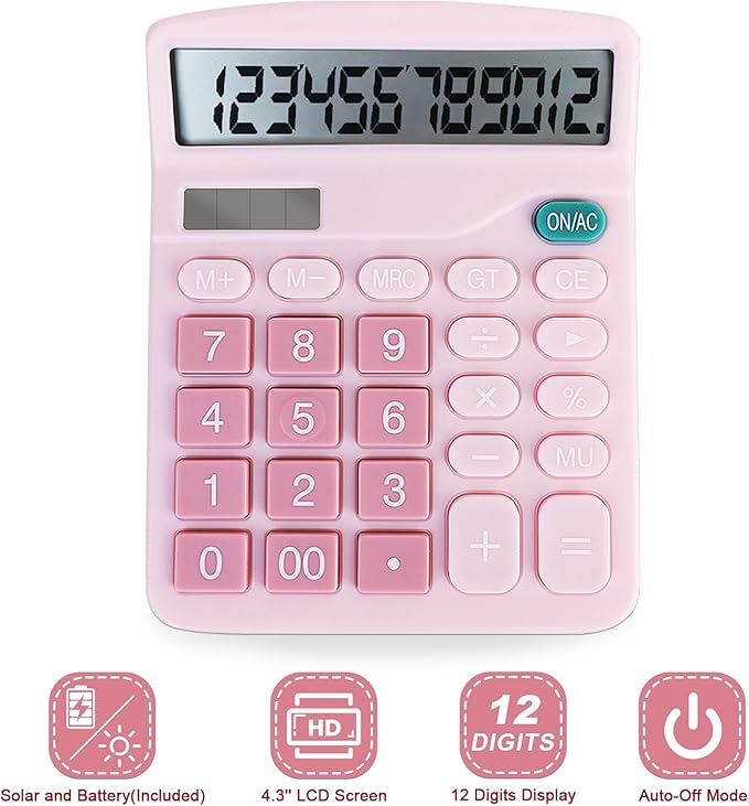 Basic Calculator with Comfortable Large LCD Display, 12 Digits Calculators Desktop, Tilt Screen, Big Button, Desk Calculator with Dual Power (Solar & Battery Included) (Pink)