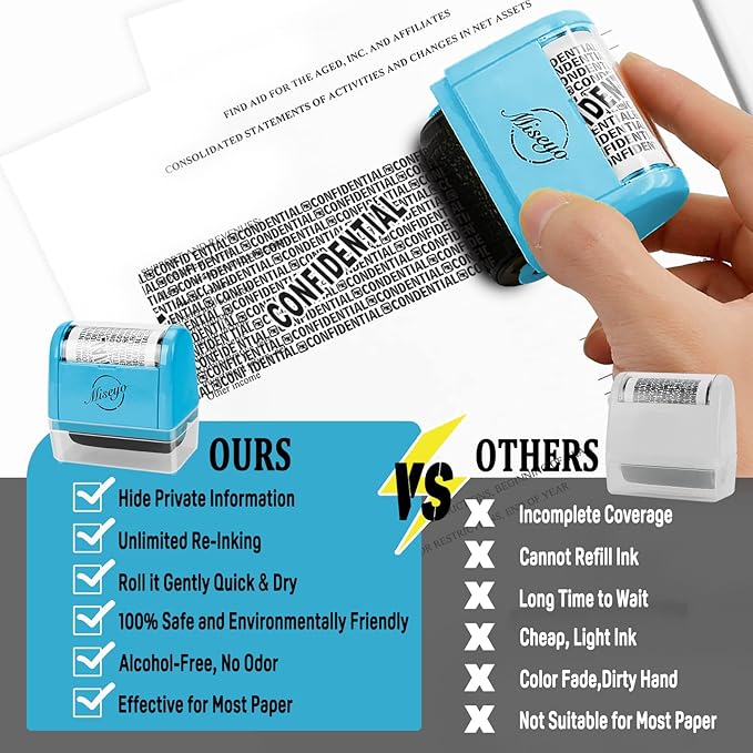 Miseyo Wide Roller Stamp Identity Theft Stamp 1.5 Inch Perfect for Privacy Protection - 3Pack Set (Blue)