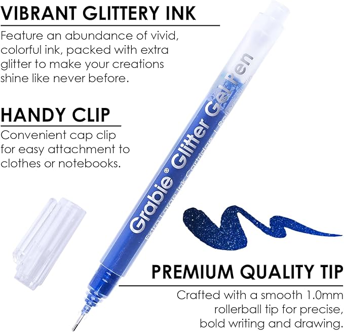 Grabie Jumbo Glitter Gel Ink Pen Set Of 18, Metallic Vibrant Sparkle Gel Pens for Coloring, Sparkle Glitter Markers, Glitter Pens for Adults (18 Colors Jumbo Glitter Gel Pens)