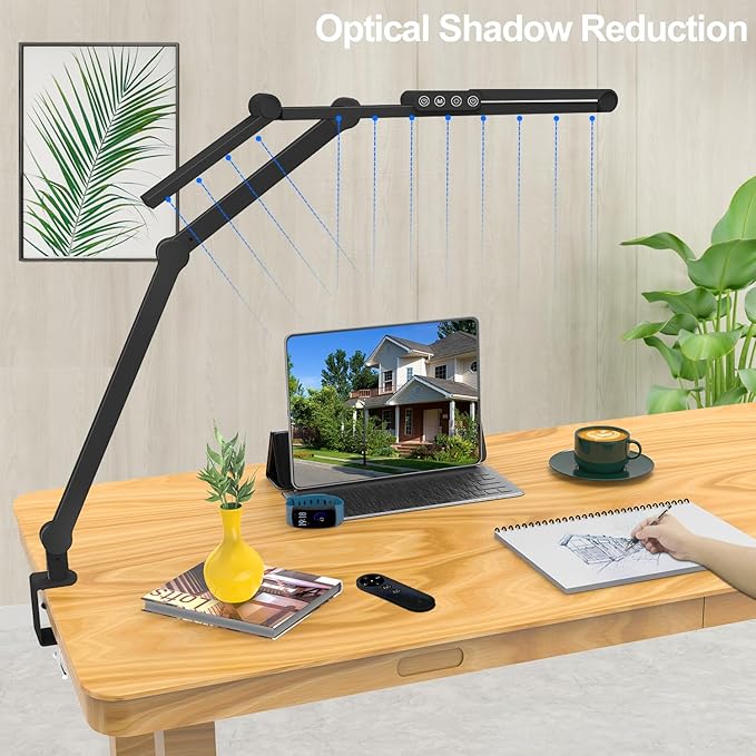 Micomlan Desk Lamp with Clamp, Architect Led Desk Lamp for Home Office with Remote Control, 24W Ultra Bright Auto Dimming Computer Light Adjustable Table Light for Working Workbench (Remote)