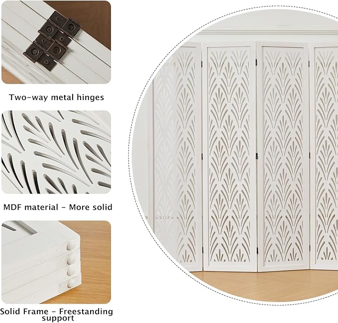 5.6Ft Room Divider Folding Wood Simple Carved Partition Screen for Home Office Garden - 4 Panels (White)