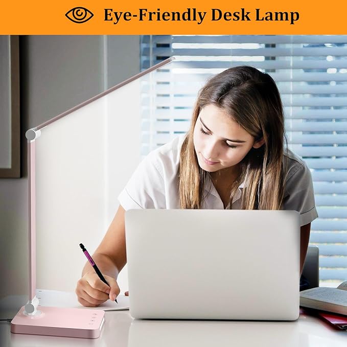 LED Desk Lamp with USB Ports,Touch Desk Lamps for Home Office with 5 Color Modes,3 Brightness Desk Light with Small Night Light,Reading Lamp Table Lamp for Bedroom Bedside Study Pink (with adapter)