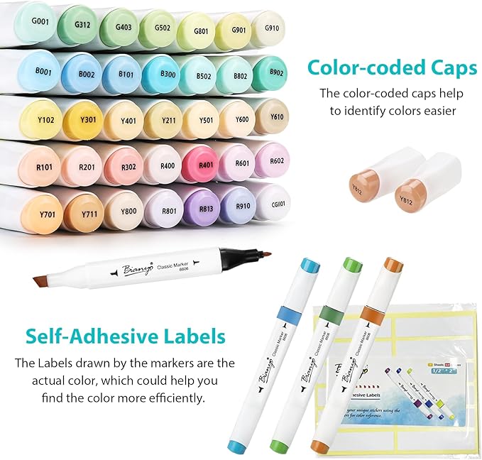 Bianyo 36 Pastel Colors Alcohol Markers Set, Alcohol-Based Dual Tip Art Markers Set with Black Travel Case with a Designable Card for Coloring, Sketching, Drawing, Outlining, Highlighting