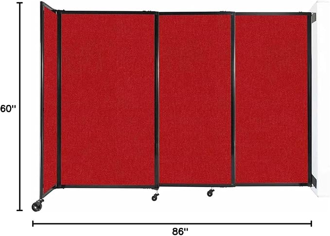 Wall-Mounted Sliding StraightWall Room Divider | Adjustable Widths | Locking Wheels | Room Separator | Up to 7'2" Wide x 5' Tall Red Fabric Panels