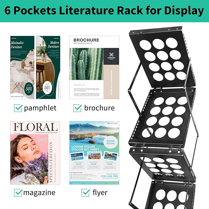 Folding Literature Rack, 6 Pockets Metal Brochure Holder Stand Floor Standing Magazine Rack,Double-sided Display Flyer Holder Stand Literature Stand for Trade Show Office Store Home