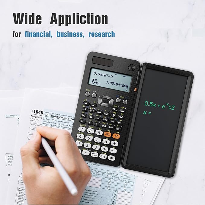 Upgraded 991ES Plus Desktop Scientific Calculator, ROATEE CalcNote Multiview 4-Line Display with Erasable LCD Writing Tablet, Solar Battery Power with Notepad for School and Business
