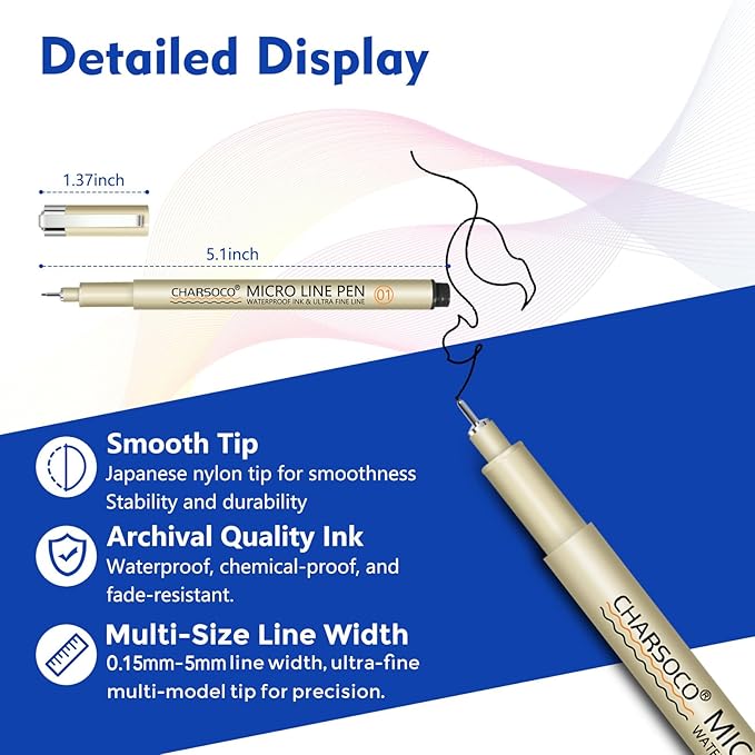 M Micro Pen, 6 Pack Black Fine Point Pen with Waterproof Archival Ink, 3mm Fineliner Ink Pens for Artist Illustration, Sketching, Anime, Manga, Technical Drawing and Scrapbooking