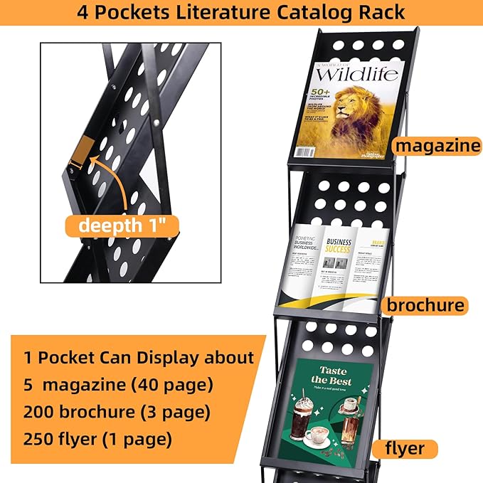4 Pockets Folding Magazine Rack,Floor Metal Black Literature Rack with Case Brochure Stand Literature Stand Catalog Holder Stand Flyer Display Stand for Trade Show Exhibition Office Retail