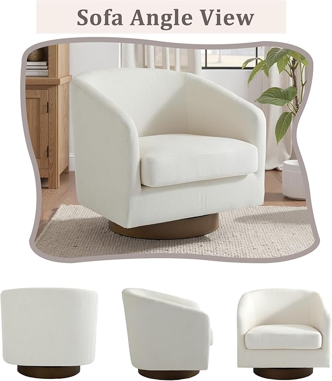 UIXE Swivel Accent Chair with Wood Base, Fabric Upholstered Barrel Chairs for Living Room, Comfy Round Armchair Single Sofa Bedroom Reading Seat - 31" W, Beige