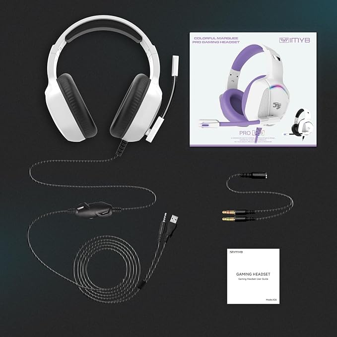 Gaming Headset with Microphone for Pc, Xbox One Series X/s, Ps4, Ps5, Switch, Stereo Wired Noise Cancelling Over-Ear Headphones with Mic, RGB, for Computer, Laptop, Mac, Nintendo, Gamer (White)