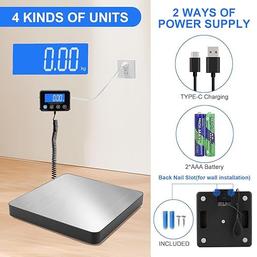 Digital Shipping Scale, 5g High Accuracy 440 lb Postal Scale with Hold and Tare Functions for Parcels/Luggage/Home, Manual/Auto Shutoff, Extended LCD Display, Batteries and AC Adapter Included
