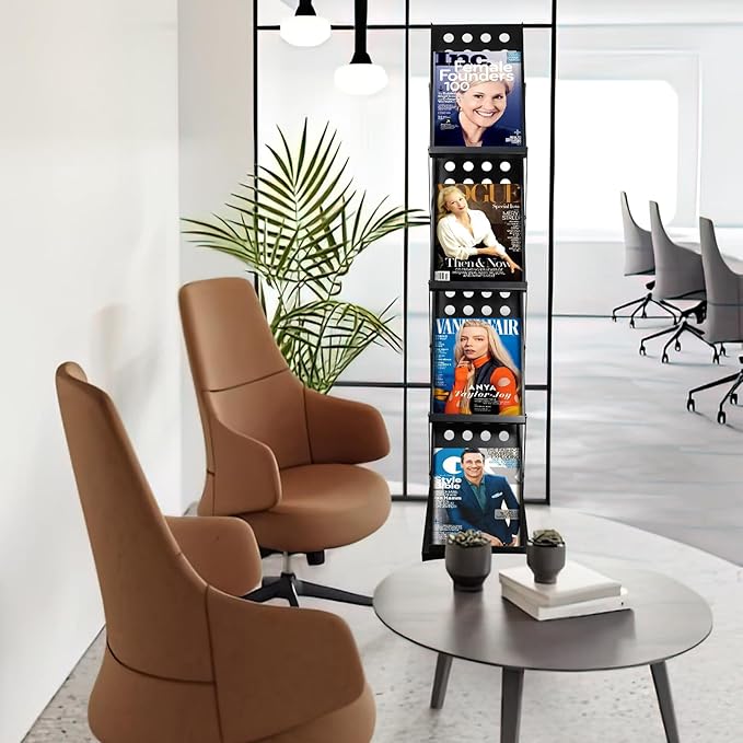 4 Pockets Folding Magazine Rack,Floor Metal Black Literature Rack with Case Brochure Stand Literature Stand Catalog Holder Stand Flyer Display Stand for Trade Show Exhibition Office Retail