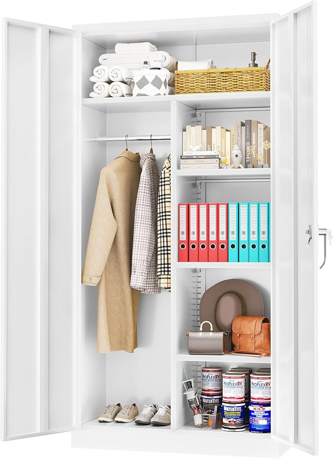 Greenvelly Metal Storage Cabinet with 2 Doors, White 72” Steel Storage Wardrobe Cabinet, Employees Locker Closet Clothing Coat Steel Wardrobe Cabinet with Hanging Rod for Garage, Gym, Home Office