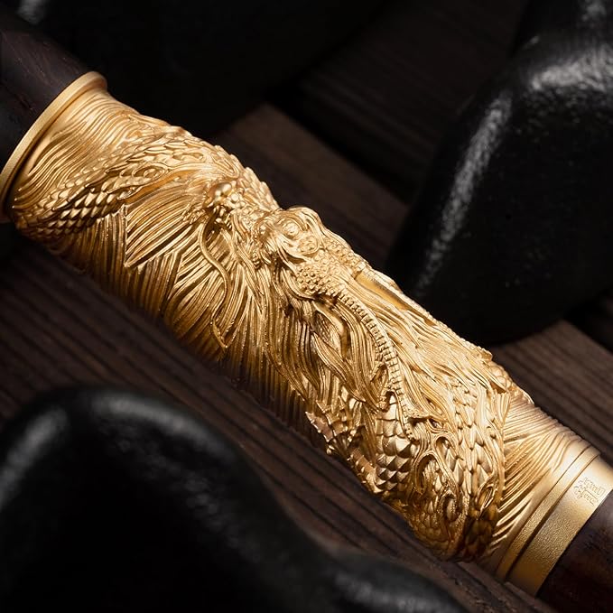 Hongdian N24 Fountain Pen Fine Nib, Golden Dragon Stereoscopic Carving with Red Wood Design