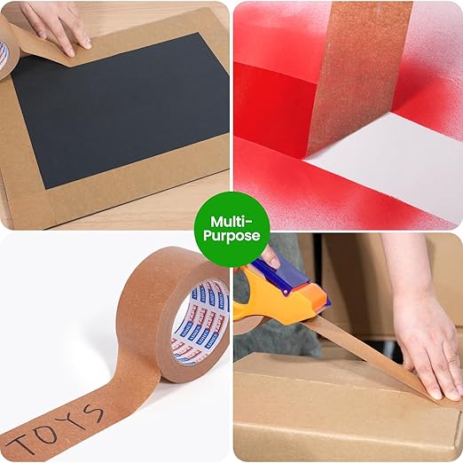 ADHES Kraft Paper Tape, 2 Inch x 60 Yards x 3 Rolls, Biodegradable Paper Packing Tape Writable & Uncoated Brown Shipping Tape for Shipping, Moving, Sealing