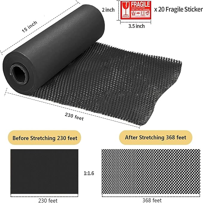 Honeycomb Packing Paper, HONSREO 15 Inches x 230 Feet Eco Friendly Recyclable Cushioning Material, Bubble Wrap for Moving Shipping Breakable Supplies with 20 Fragile Sticker Lables (Black)